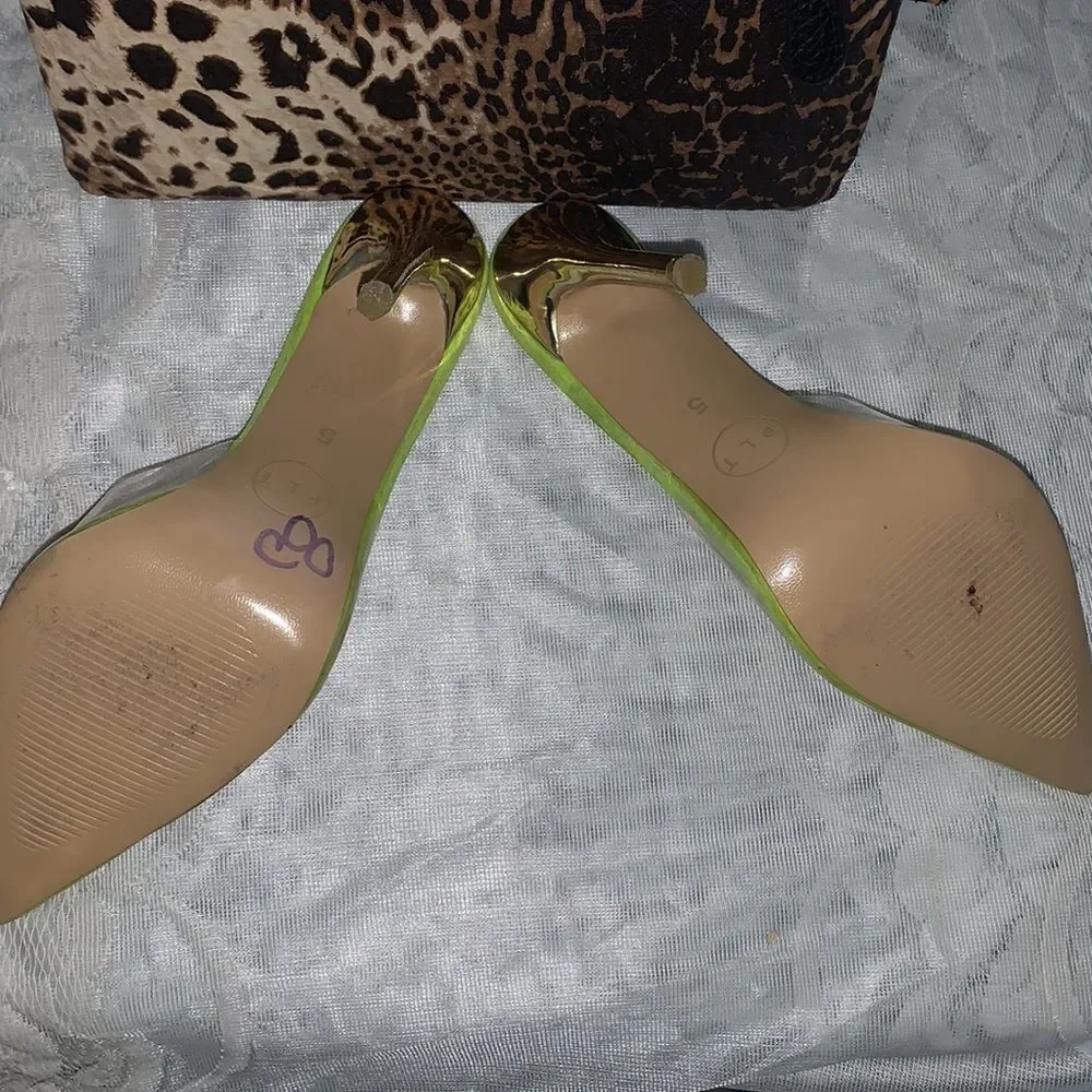 PrettyLittleThing size 5 clear vinyl and neon with gold accent heels